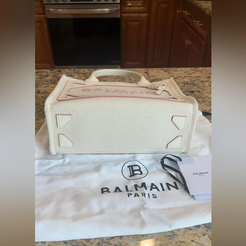 Authentic Balmain Paris Small B-Army Tote White Canvas Pink leather trim logo.